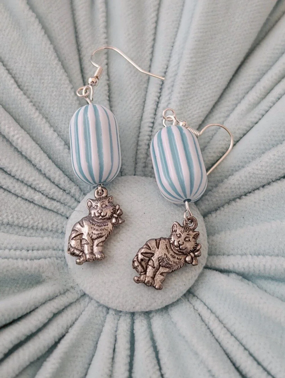 Handcrafted Blue and White Striped Cat Earrings